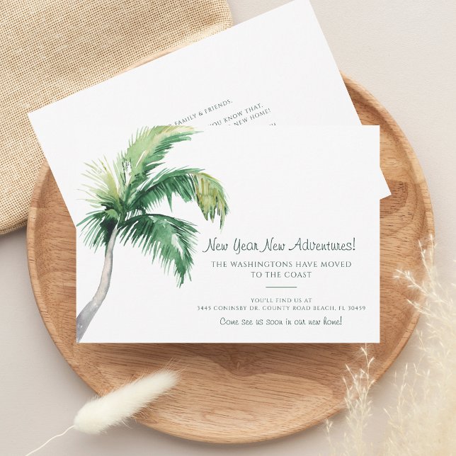 We've Moved Coastal Palm Tree Holiday Moving Announcement (New Year Adventures Palm Tree Moving Announcement)