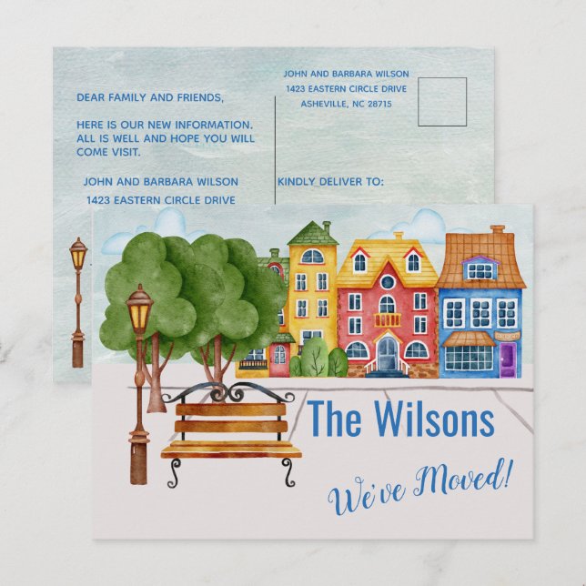 We've Moved Colourful City Life Budget Moving   Announcement Postcard (Front/Back)