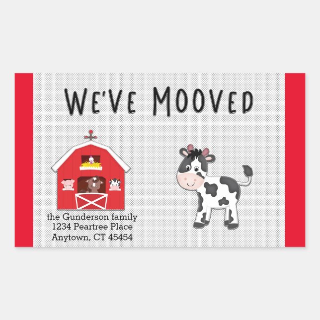 We've Moved Cow in Barnyard Relocation Notice Rectangular Sticker (Front)