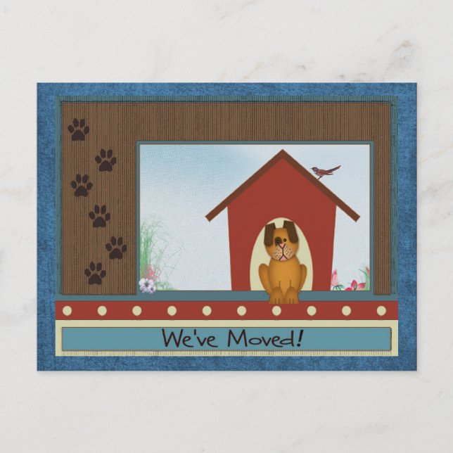 We've Moved Cute Doghouse and Paw Prints New Home Announcement Postcard (Front)