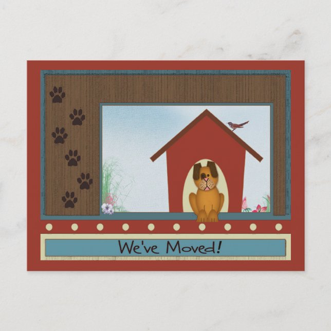 We've Moved Cute Doghouse with Paw Prints Custom Announcement Postcard (Front)