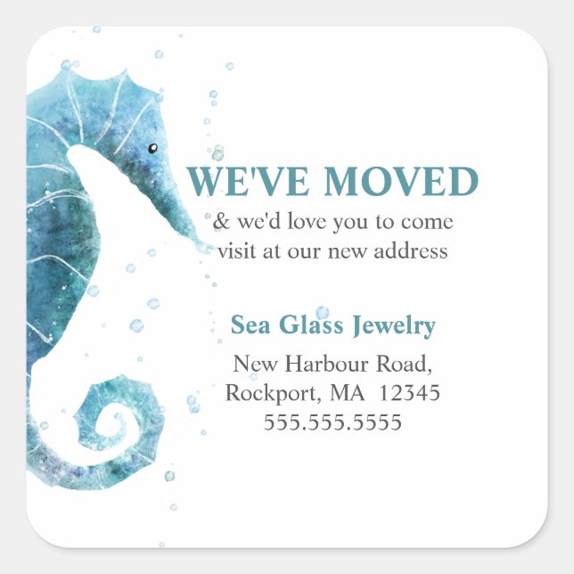 We've Moved Cute Sea Horse Moving Announcement Square Sticker (Front)