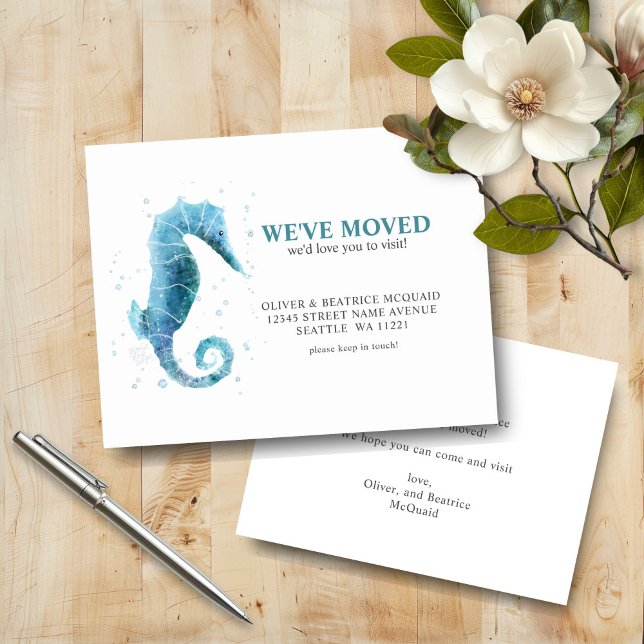 We've Moved Cute SeaHorse Moving Announcement Card (Watercolor Sea Horse Moving Announcement card)