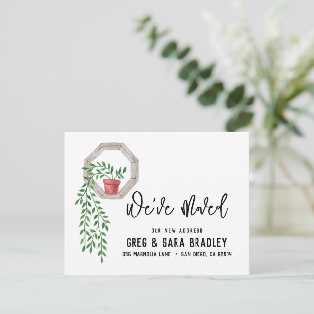 We've Moved Cute Watercolor Plant New Address Card (Standing Front)