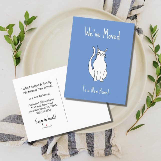 We've Moved Cute Winking Cat Trendy Blue Announcement Postcard (Creator Uploaded)