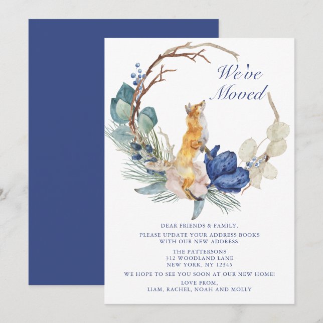 We've Moved Cute Woodland Fox Watercolor Floral (Front/Back)