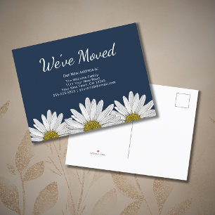 We've Moved Daisies Boho Botanical Navy Blue Announcement Postcard