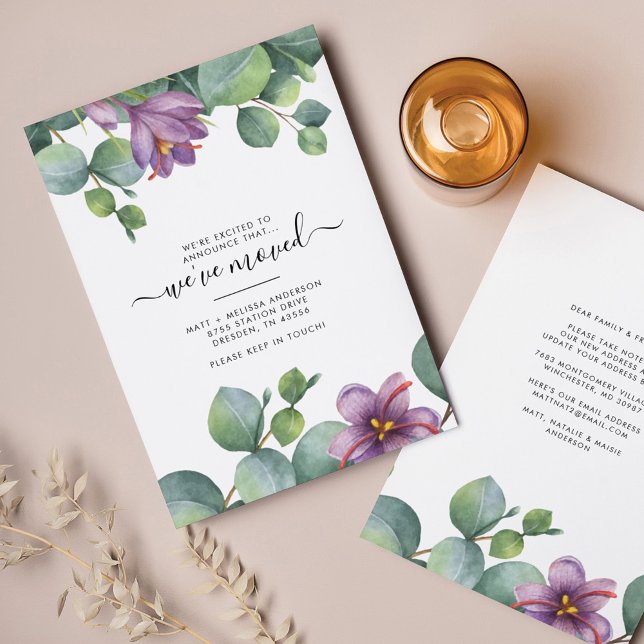 We've Moved Eucalyptus Purple Green Foliage Moving Card (Purple Greenery Script Moving Announcement)