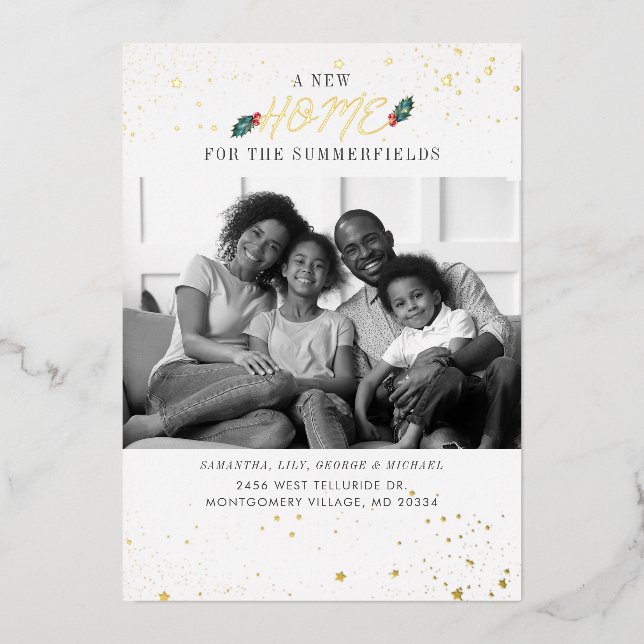 We've Moved Family Photo Christmas Moving Gold Foil Holiday Card (Front)