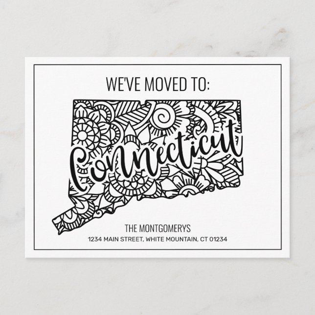 We've Moved Floral Mandala Connecticut State Announcement Postcard (Front)