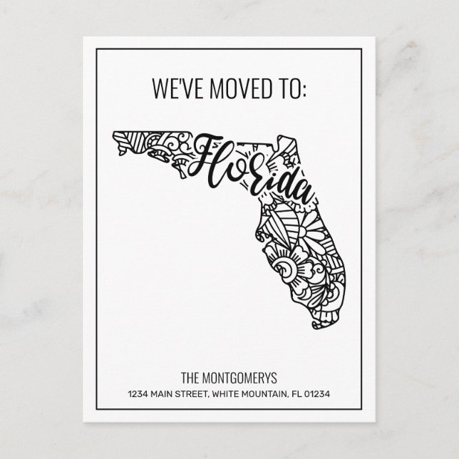 We've Moved Floral Mandala Florida State Announcement Postcard (Front)