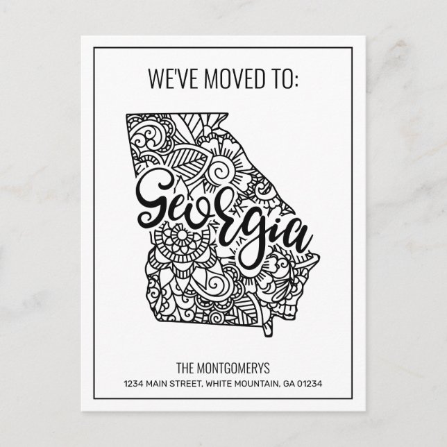We've Moved Floral Mandala Georgia State Announcement Postcard (Front)