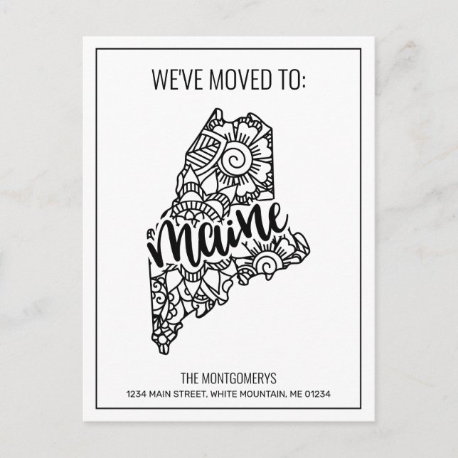 We've Moved Floral Mandala Maine State Announcement Postcard (Front)