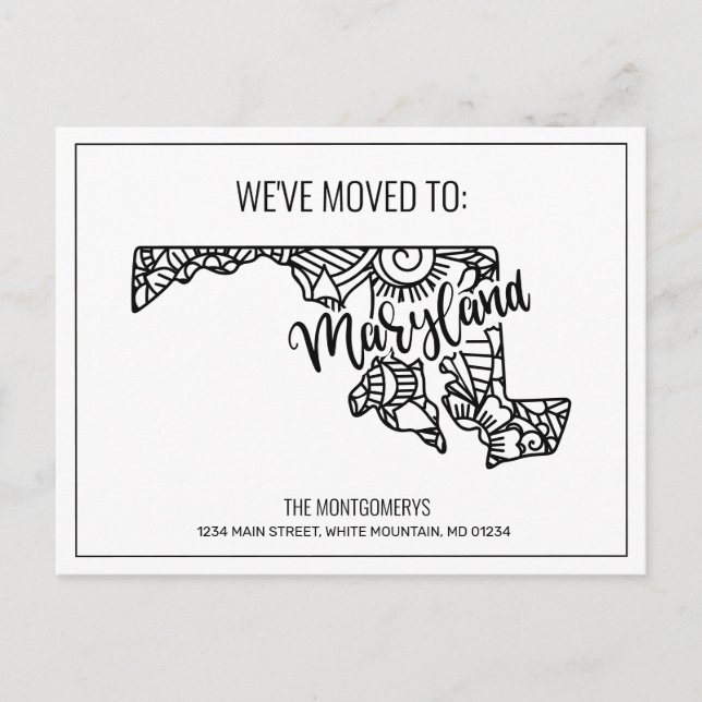 We've Moved Floral Mandala Maryland State Announcement Postcard (Front)