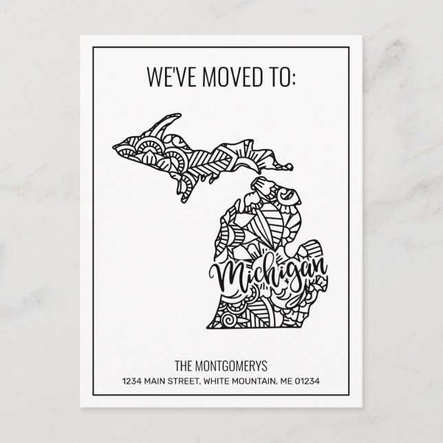 We've Moved Floral Mandala Michigan State Announcement Postcard (Front)