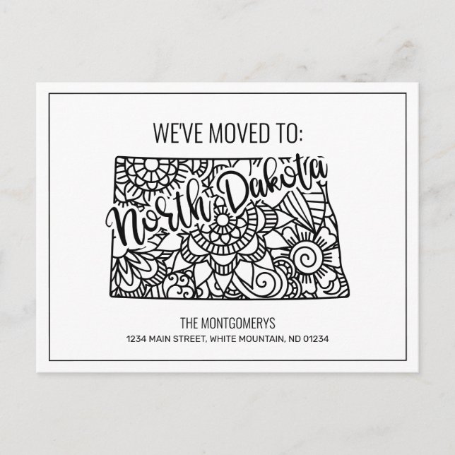 We've Moved Floral Mandala North Dakota State Announcement Postcard (Front)