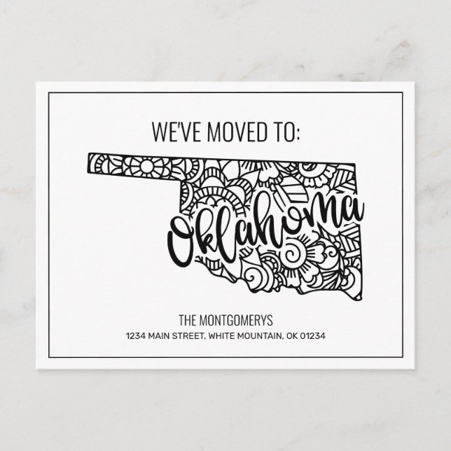 We've Moved Floral Mandala Oklahoma State Announcement Postcard (Front)