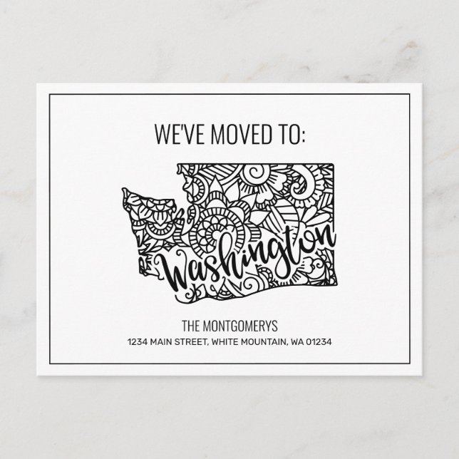 We've Moved Floral Mandala Washington State Announcement Postcard (Front)