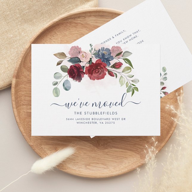 We've Moved Floral Moving Announcement (We have Moved Watercolor Burgundy Floral Moving Announcement)