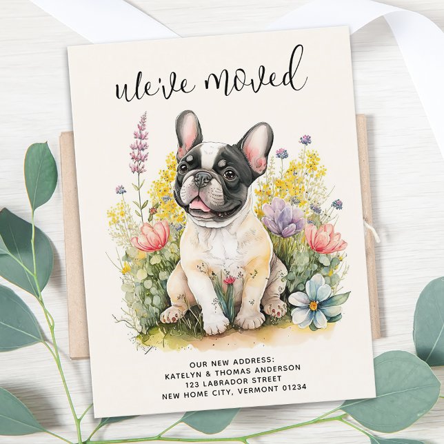 We've Moved French Bulldog Puppy Floral Dog Moving Announcement Postcard (Creator Uploaded)