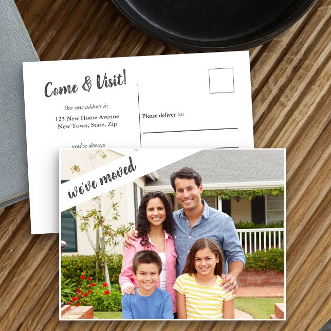 We've Moved - Full Bleed Photo with Custom Message Announcement Postcard (New Address postcard with family photo and bold brush script)