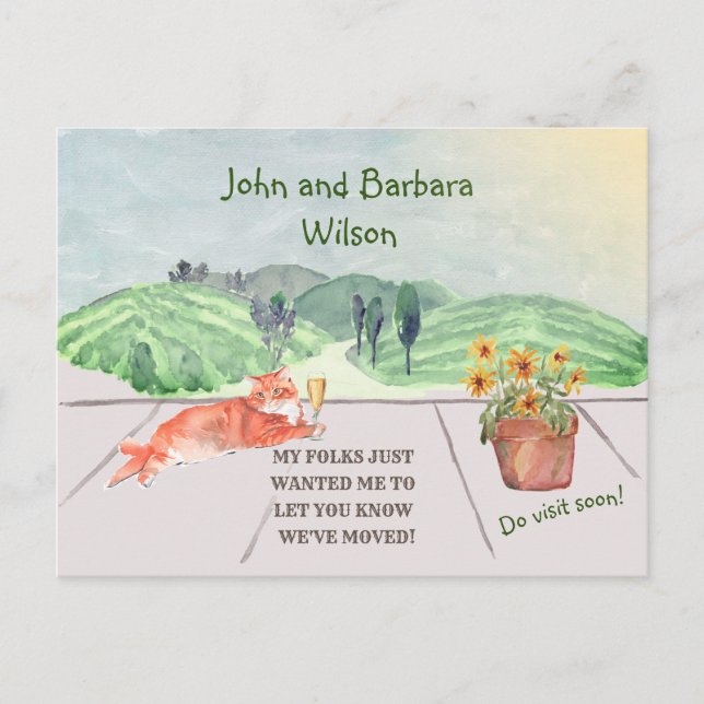 We've Moved Fun Family Cat Celebrates Move Announcement Postcard (Front)