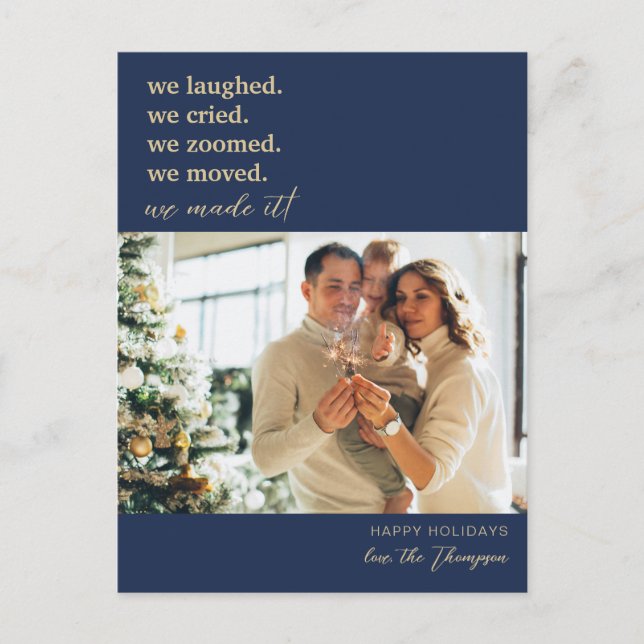 We've Moved Gold Navy Blue Photo Holiday Moving Announcement Postcard (Front)