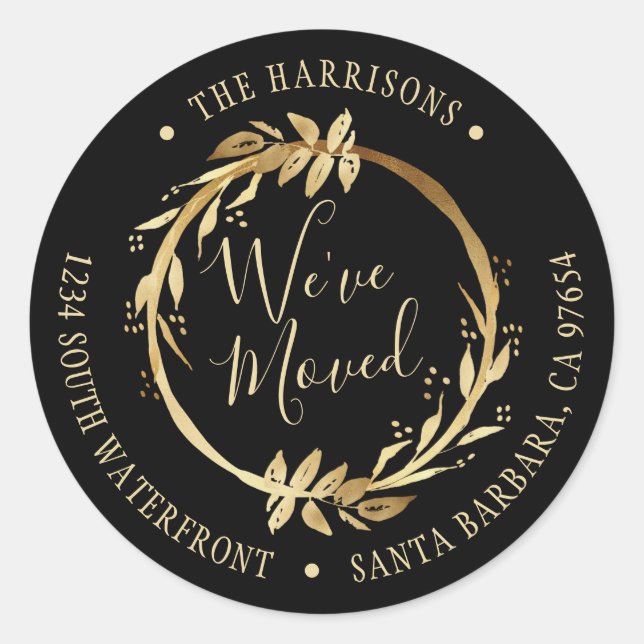 We've Moved Gold Wreath Black New Address Classic Round Sticker (Front)