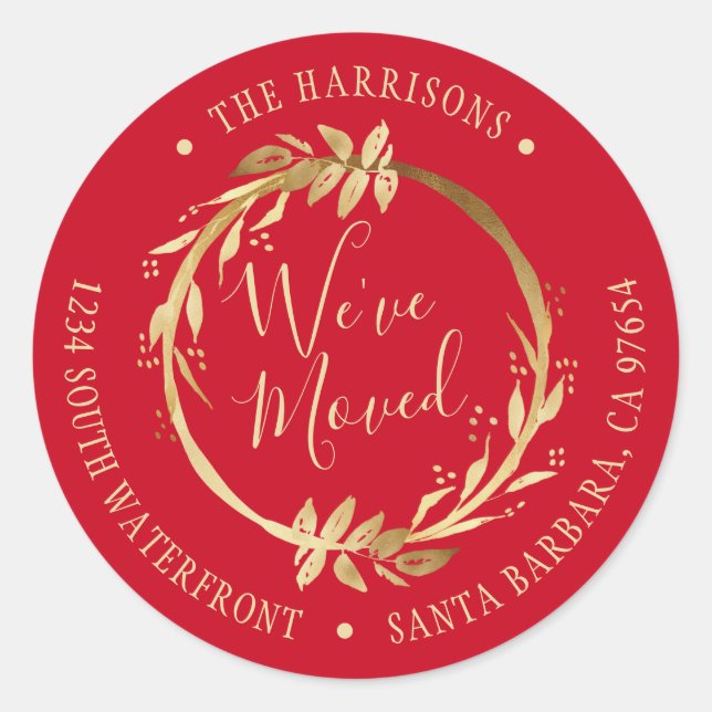 We've Moved Gold Wreath Red New Address Classic Round Sticker (Front)