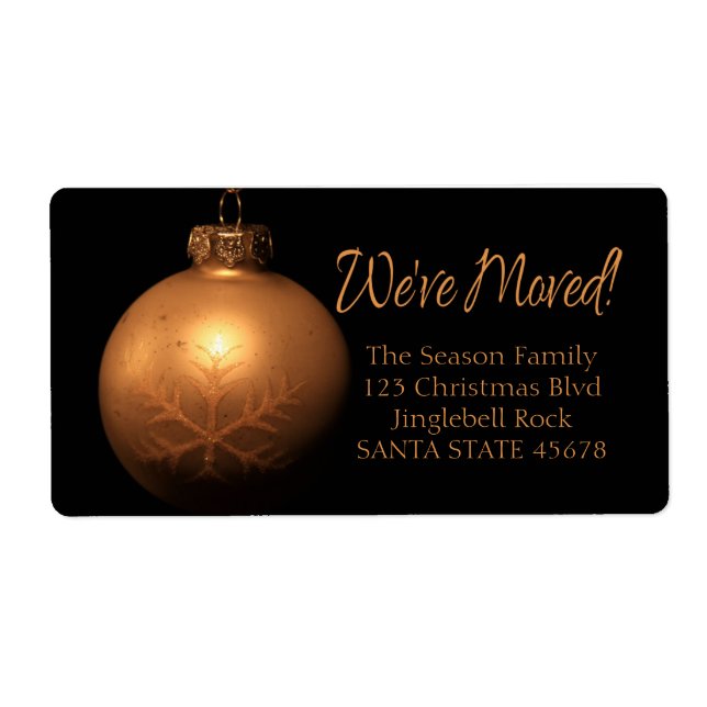 "We've Moved" Golden ornament label (Front)