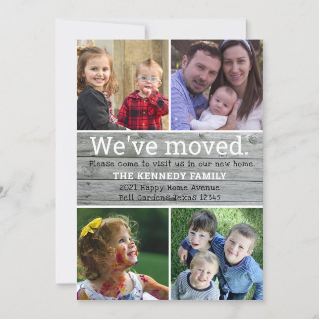 We've Moved Grey Wood 4 Photo Collage New Home  Announcement (Front)