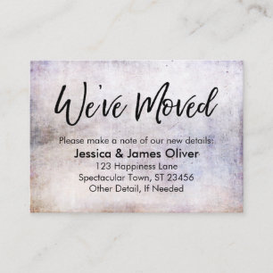 "We've Moved" Handwriting on Purple-Hued Grunge Business Card