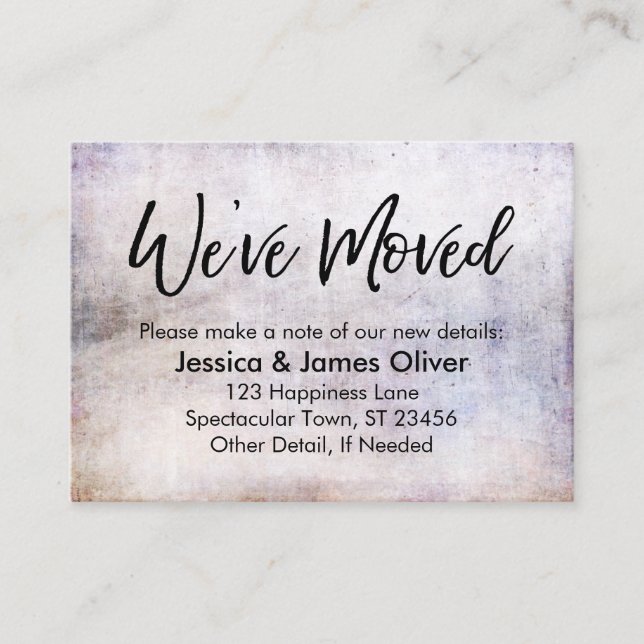 "We've Moved" Handwriting on Purple-Hued Grunge Business Card (Front)