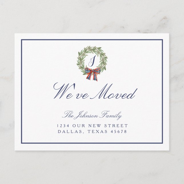 We've Moved Holiday Christmas Wreath Bow Monogram Announcement Postcard (Front)
