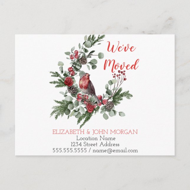 We've Moved,Holiday Wreath Red Cardinal Announcement Postcard (Front)
