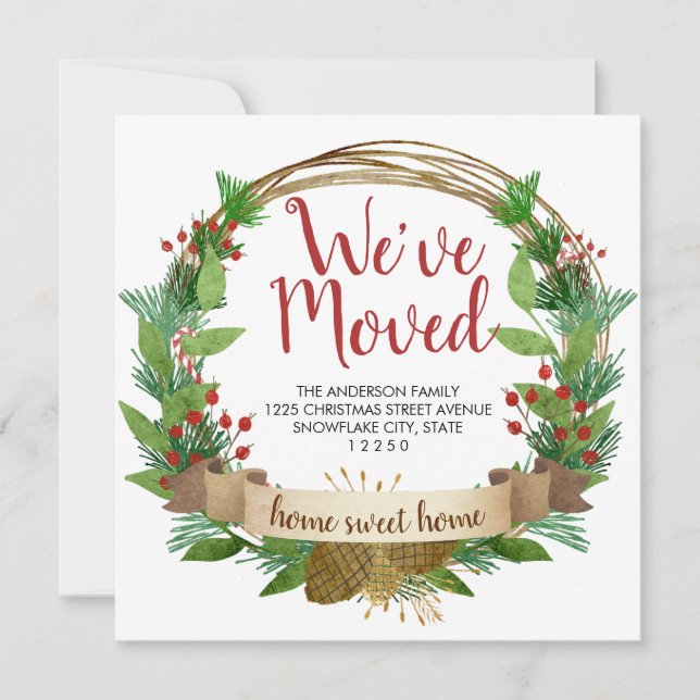 We've Moved Home Sweet Home Wreath Holiday Moving Announcement (Front)