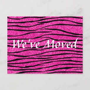 We've moved hot pink glitter zebra stripes announcement postcard