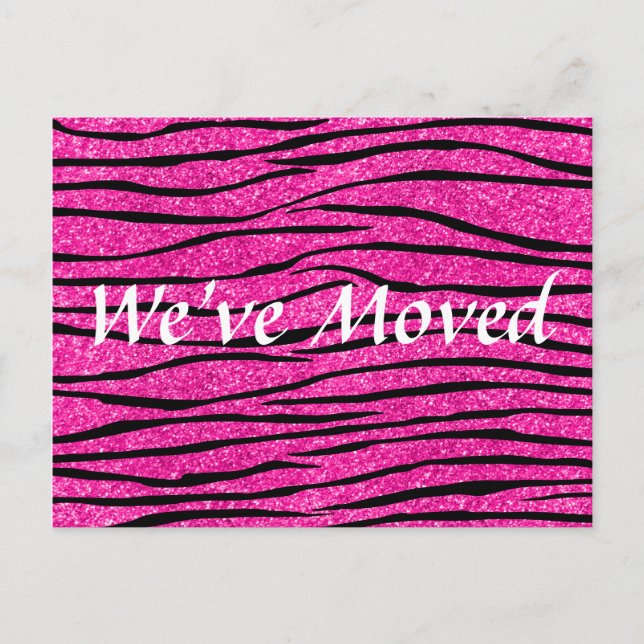 We've moved hot pink glitter zebra stripes announcement postcard (Front)