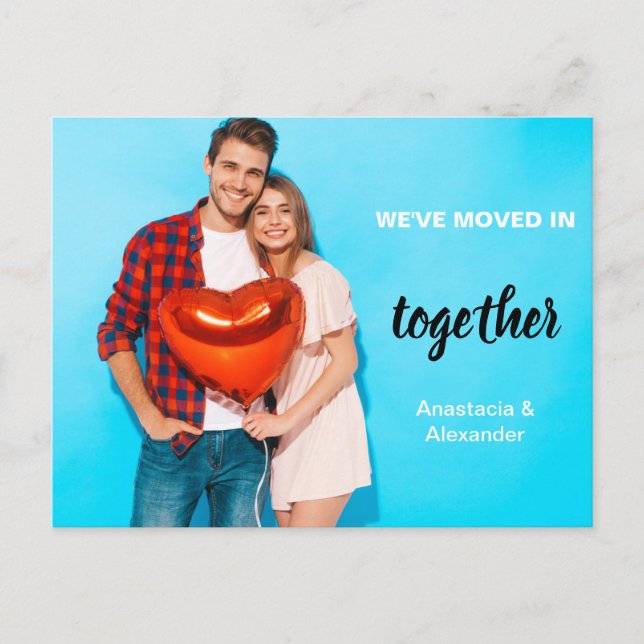 We've moved in together couple photo personalised announcement postcard (Front)
