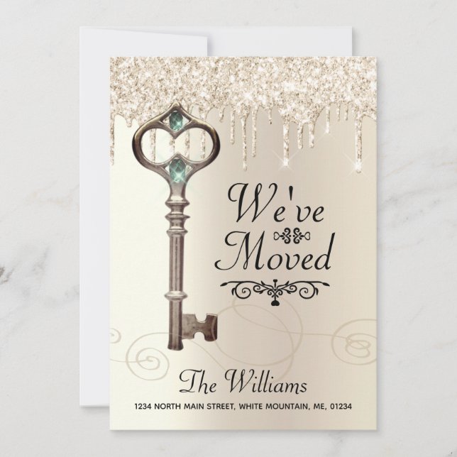 We've Moved Key Dripping Glitter Change of Address Announcement (Front)