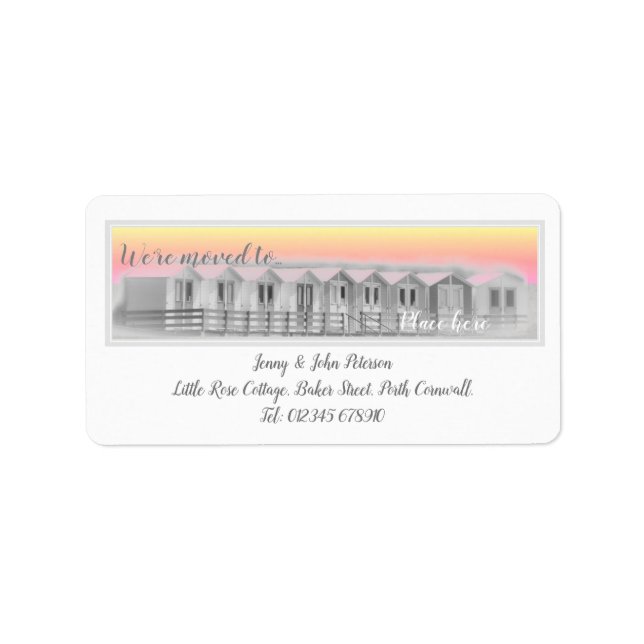 We've moved labels with beach huts at sunset (Front)