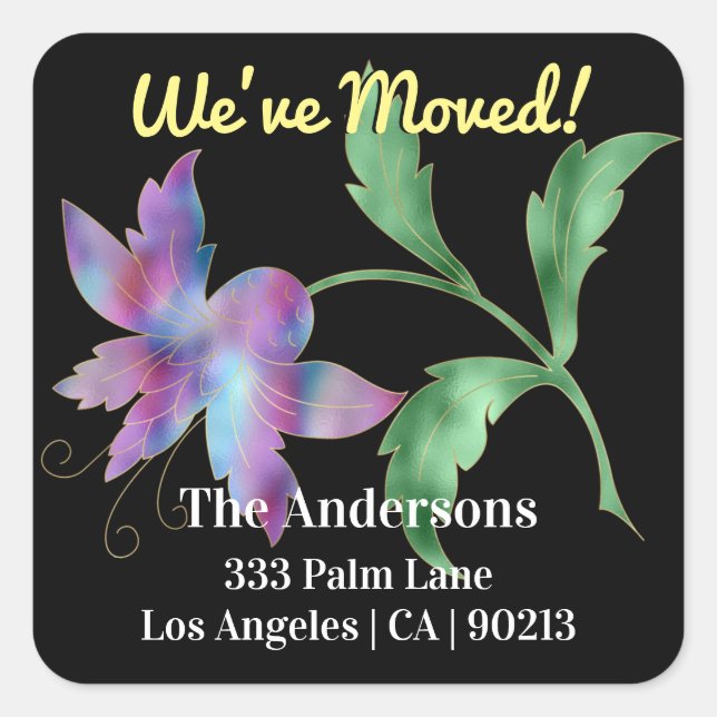 We've Moved, Large Tropical Flower, Return Address Square Sticker (Front)