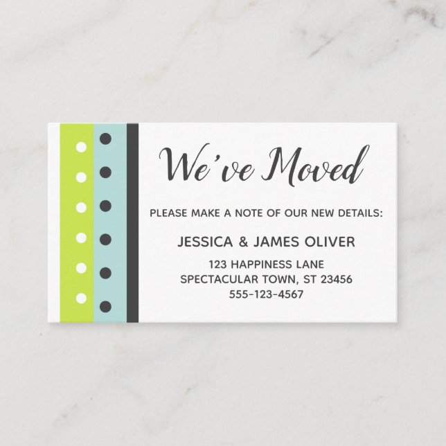 "We've Moved" Lime, Blue and Dark Grey Insert Card (Front)