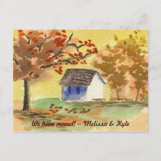 We've Moved Little Cottage Autumn Tree Fall Leaves Announcement Postcard