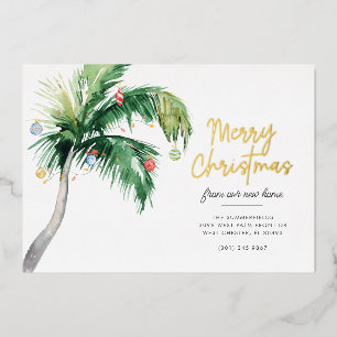We've Moved Merry Christmas Palm Tree Moving Gold Foil Holiday Card