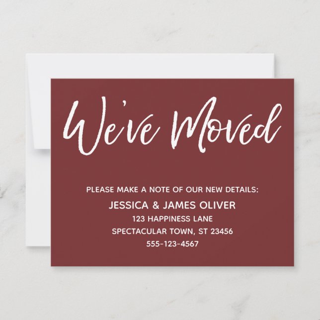 "We've Moved" Modern Handwriting Burgundy Card (Front)