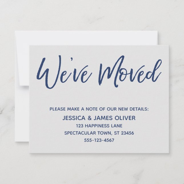 We've Moved Modern Handwriting Navy on Grey Card (Front)