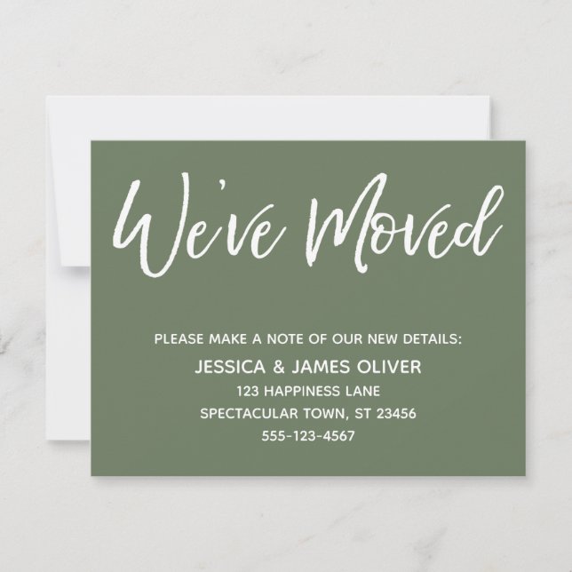 "We've Moved" Modern Handwriting Olive Green Card (Front)