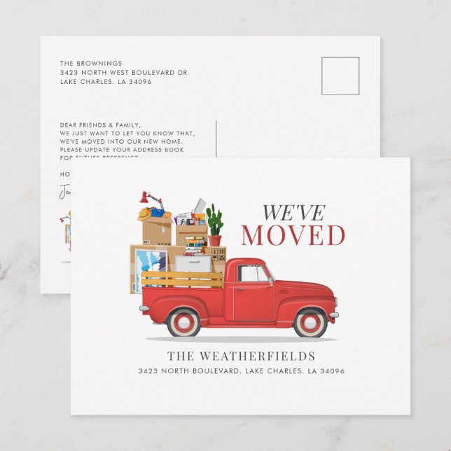 We've Moved Modern Red Truck Moving Announcement Postcard (Front/Back)