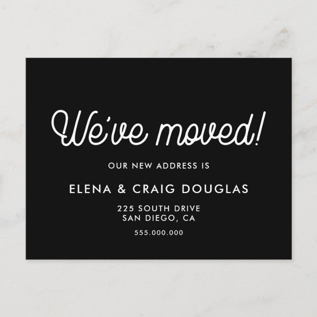 We've moved - Moving announcement black Postcard (Front)